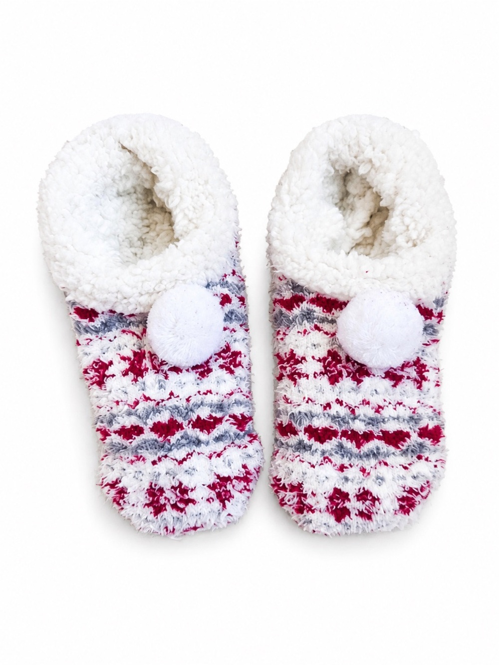 Red Cream Fair Isle Sherpa-Lined Slipper Socks Pom Poms
